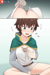 1girls breasts brown_hair cleavage clothed_female female female_masturbation female_pov genderswap genderswap_(mtf) green_eyes groping_self implied_transformation kono_subarashii_sekai_ni_shukufuku_wo! masturbation no_panties pov rudy_saki rule_63 satou_kazuma solo_female transformation