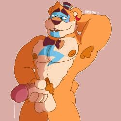 anthro arms_behind_head balls bear bodypaint bowtie cum earrings facepaint five_nights_at_freddy's fnaf glamrock_freddy_(fnaf) handjob huge_cock male_only masturbation mayontte muscular muscular_male nipples pecs pectorals penis solo top_hat veiny_penis