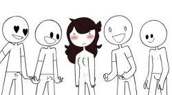 1girls 4boys blush boner boner_in_pants brown_hair clothed_male_nude_female cmnf embarrassed gangbang imminent_sex jaiden jaiden_animations jaidenanimations line_art mob_face monochrome nude only_one_naked small_breasts staring_at_breasts