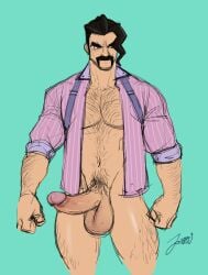 1boy balls bara beard body_hair gay jonsfw male_focus male_only mr._saguaro mustache penis pokemon pokemon_sv solo unbuttoned_shirt