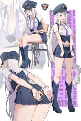 1girls ass_focus back_view barto butt_focus cleavage elf elf_ears elf_female emilia_(re:zero) exposed_belly handcuffed handcuffs police_officer police_uniform policewoman re:zero_kara_hajimeru_isekai_seikatsu short_skirt silver_hair sitting smile solo solo_female solo_focus standing thighs unbuttoned unbuttoned_shirt zerobarto