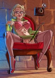 1girls abrosiis blonde_hair bra breasts camera chair cougar eyewear fantasy feather feather_tickling female female_only genitals glasses green_clothing green_suit harry_potter harry_potter_and_the_goblet_of_fire heels jacket_open jacket_pull large_breasts legs_spread levitating_object looking_at_viewer magic mature mature_female no_panties open_clothes open_shirt pink_bra pink_glasses pink_high_heels pubic_hair pussy quill quills reporter rita_skeeter shaved_pussy sitting solo solo_female sparse_pubic_hair stockings thighhighs tickling_clit underwear upskirt witch_(harry_potter)