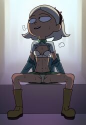 accurate_art_style amphibia bra_and_panties cheyenne_(amphibia) grin keramagath shirt_lift sitting_on_bed straight_hair sweaty_body