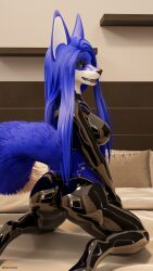 absurd_res anthro bed bedroom bedroom_eyes canid canine clothing corset female fox furniture hi_res kurolatex latex latex_clothing lingerie looking_at_viewer looking_back looking_pleasured lustravix mammal narrowed_eyes seductive solo topwear