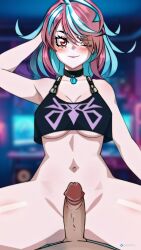 ai_generated aim_patreon blurry_background blush breasts choker collarbone crop_top emikukis erection female imminent_penetration long_hair looking_at_viewer multicolored_hair navel owozu penis pink_hair smile spread_legs underboob virtual_youtuber