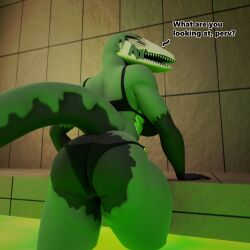 3d_(artwork) angry annoyed anthro big_ass big_breasts bikini black_bikini dialogue female female_only green_skin looking_at_viewer looking_back milestone_post monster panties pink_eyes pool reptile scp-682 scp_foundation sharp_teeth skull_head solo swimming_pool swimsuit tail talking_to_viewer xionxiii