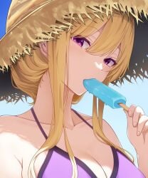 bikini blonde_hair breasts cleavage collarbone female food hair_between_eyes hat highres holding holding_food kisaragi_koushi large_breasts long_hair popsicle portrait purple_bikini purple_eyes solo straw_hat swimsuit touhou yakumo_yukari yukari_yakumo