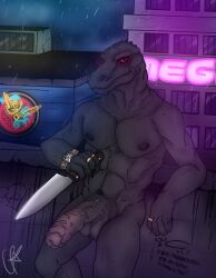 2d 2d_(artwork) anthro big_penis epic_games erection foreskin fortnite gradient_penis hi_res holding_knife humanoid_genitalia humanoid_penis jewelry komodo_dragon leaning_back lizard looking_at_viewer male male_only muscular muscular_male nipples notrav penis red_eyes scalie solo thunder_(fortnite)