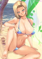 1girls android_18 bare_midriff beach big_breasts bikini bikini_bottom bikini_top blonde_hair blue_eyes blush blush blushing_at_viewer bob_cut breasts busty cleavage curvy day dragon_ball dragon_ball_z earring earrings exposed_midriff eye_contact eyes_visible_through_hair female female_focus female_only large_breasts light-skinned_female light_skin looking_at_viewer midriff nipple_bulge outdoors outside oyaman short_hair sitting smile smiling smiling_at_viewer solo solo_female tagme thick_thighs thighs voluptuous