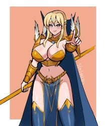 1girls adventurequest_worlds aqw aqworlds armor artix_entertainment big_breasts blonde_hair blush cape cleavage female large_breasts long_hair no_panties original_character skimpy_armor smile solo spear starlightlit22 thighhighs