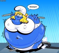 about_to_pop air_inflation bloated female female_focus female_only full_body_inflation inflation panties smurfette spherical_inflation sunken_head sunken_limbs the_smurfs what