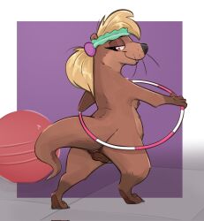 animal_genitalia animal_pussy anthro anus ass balls blonde_hair brown_body brown_eyes character_request clothing female feral genitals hair headgear headwear hi_res holding_object honeymono hula_hoop looking_down mammal mustelid nude original original_character otter purple_background pussy semi-anthro simple_background solo