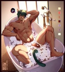 animal_ears barefoot bathing bathroom bathtub bubbles cat_ears cat_man cat_tail catboy jezz_mons_nsfw looking_at_viewer male male_focus male_only muscular muscular_male nude penis presenting solo wet