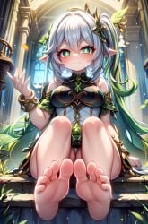 1girls 5_toes ai_generated bare_legs barefoot blush breasts clothed cute dress elf_ears feet female female_only foopanthia foot_fetish foot_focus genshin_impact green_eyes hi_res highres legs legs_up long_hair looking_at_viewer medium_breasts nahida_(genshin_impact) pointy_ears smile smiling soles teasing thick_thighs thighs toes white_hair young younger_female