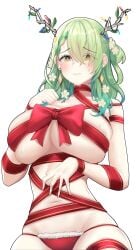 1girls branch_horns breasts ceres_fauna christmas desspie female green_hair hi_res hololive hololive_english hololive_english_-council- hololive_english_-promise- horns huge_breasts light-skinned_female light_skin long_hair virtual_youtuber