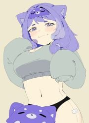 animal_ears esther_(ghostlynom) eye_mask half-dressed meow_boop_(artist) purple_hair smug