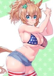 >:) american_flag_bikini chubby chubby_female confident confident_smile finger_gun huge_breasts legwear onsoku_inu short_shorts skindentation striped_legwear taiki_shuttle_(umamusume) umamusume