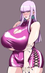 1girls big_breasts blue_nails blush breast_bigger_than_head butterfly_earrings curvaceous curvy earrings female female_only huge_breasts komusou_(jinrikisha) large_breasts light_purple_hair long_hair mature mature_female milf mole_on_breast mole_under_eye mother original_character plump purple_dress purple_hair purple_lipstick solo solo_female thick_thighs thighs venus_body yellow_eyes yukimama_(jinrikisha)