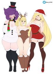 2girls aether_foundation blonde_hair christmas christmas_clothing christmas_headwear christmas_outfit chubby chubby_female daughter female female/female female_focus female_only green_eyes heels high_heels lillie_(pokemon) lusamine_(pokemon) m_jr_art milf mother mother_and_daughter multiple_girls outfit petite platform_heels pokemon pokemon_sm purple_hair reindeer_antlers santa_claus santa_costume santa_dress santa_hat snow_man white_skin wicke_(pokemon) yellow_hair