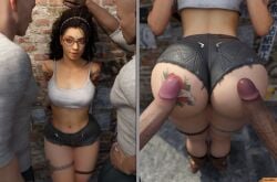 1girls 2boys 3d 3d_(artwork) ass booty_shorts dark-skinned_male devil_may_cry devil_may_cry_5 faceless_male female female_focus glasses imminent_sex interracial large_ass large_penis light-skinned_male nicoletta_goldstein presenting presenting_ass presenting_hindquarters smitty34 tagme tattoo tattoos