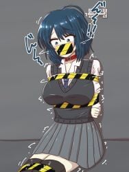 arms_tied_behind_back asphyxiation blue_eyes blue_hair bondage bound_legs caution_tape female gag gagged over_the_nose_gag suffocation tape_bondage tape_gag tears