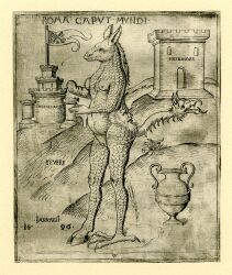 1496 ancient_art anthro asinus breasts castle cloven_hooves donkey equid equine female fingers flag genitals hooves hybrid latin_text mammal nipples nude pope-ass public_domain pussy scales solo standing text tiber_river traditional_media_(artwork) wenzel_von_olmutz