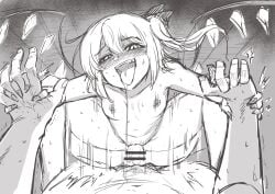 1boy baketsuya blush breasts censored fangs female fingernails flandre_scarlet holding_hands implied_rape interlocked_fingers looking_at_viewer looking_down monochrome open_mouth pov pov_hands shaded_face sharp_fingernails side_ponytail small_breasts smile solo_focus spread_legs squatting_cowgirl_position sweat tongue tongue_out touhou