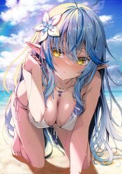 ahoge all_fours arm_support barefoot beach bikini blue_hair blush breasts cleavage colored_tips day elf female front-tie_bikini_top front-tie_top hair_between_eyes hair_flower hair_ornament hololive hololive_gen_5 hololive_japan jewelry kubota_masaki large_breasts long_hair looking_at_viewer multicolored_hair necklace ocean outdoors pointy_ears side-tie_bikini_bottom sky solo streaked_hair swimsuit very_long_hair virtual_youtuber vtuber white_bikini white_flower yellow_eyes yukihana_lamy