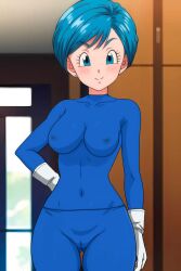 ai_generated blue_eyes blue_hair bodysuit bulma_briefs cameltoe dragon_ball_(series) dragon_ball_super female female_only looking_at_viewer medium_breasts nekom14 nipples_visible_through_clothing short_hair white_gloves