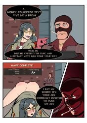 1boy 1girls cigarette comedy comic_page dialogue femmedic funny glasses humor mann_vs_machine medic medic_(team_fortress_2) spy spy_(team_fortress_2) straight surprise_buttsecks surprise_buttsex tagme team_fortress_2