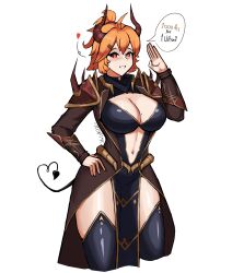 1girls adventurequest_worlds aqw aqworlds artix_entertainment big_breasts blush cleavage demon_girl demon_tail female horns light-skinned_female looking_at_viewer orange_hair original_character red_eyes smile solo standing starlightlit22 thighhighs white_background wide_hips