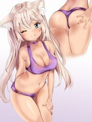 1girls almost_naked amber_eyes anny_(artist) big_breasts blonde_hair blonde_tail blue_eyes blush cat_ears cat_tail catgirl coconut_(sayori) collar female female_only heterochromia inner_ear_fluff long_hair maine_coon neko nekomimi nekopara one_eye_closed purple_clothing purple_swimsuit purple_swimwear simple_background spreading spreading_ass swimsuit swimwear thick tongue_out wtf_where_is_her_tail yellow_eyes_female