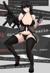 1girls artist_request bandaged_arm black_hair breasts decaying_winter flashbang gun kriss_vector lingerie looking_at_viewer mole_under_eye panties roblox roblox_game source_request text thighhighs thighs valorii_summers white_skin