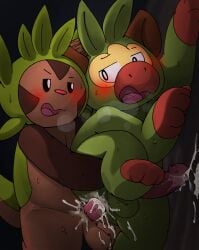 anal anal_sex anthro balls bent_legs blush bodily_fluids chespin cum cum_in_ass cum_inside cum_on_wall cumming_while_penetrating duo ejaculation generation_6_pokemon generation_8_pokemon genital_fluids genitals gralicbutter grookey hi_res humanoid_genitalia leg_grab lying male male/male nintendo on_side outside penetration plant pokemon pokemon_(species) steamy_breath sweat tree