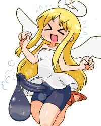 >.< 1futa 2020s 2022 angel angel_wings big_penis black_bottomwear blonde_hair blue_eyes blush closed_eyes clothed clothing compression_shorts condom condom_clothing crap-man crimvael cum cum_balloon cum_in_clothes dress ejaculating_in_bottomwear ejaculation embarrassed erect_penis erection erection_under_clothes eyebrows_visible_through_hair floating fully_clothed futa_only futanari heavy_blush humanoid ishuzoku_reviewers latex latex_futa light-skinned_futanari light_skin long_hair open_mouth penis shorts shorts_under_dress solo solo_futa tomboy white_background white_topwear