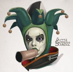 1boy 1girls artist_name blizzard_entertainment detailed female green_lipstick grey_background jester jester_costume jester_girl jester_hat jester_sombra makeup male olivia_colomar oral oral_sex overwatch overwatch_2 penis purple_eyes simple_background sombra sunny_sidde-down watermark