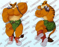 1boy bara commission crash_(series) dakimakura_design footwear fur furry furry_only gay male male_only mott_the_moth muscular muscular_male spiked_bracelet tagme tiger tiny_tiger watermark