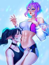 abs belly_button blue_eyes dark_hair green_eyes gym_clothes indie_virtual_youtuber layna_lazar licking licking_abs melody_(projektmelody) pointy_ears projektmelody pulling_down_pants purple_hair sbmranger virtual_youtuber vshojo yuri