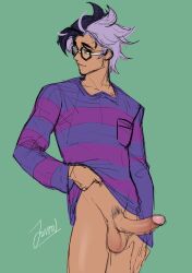 bottomless glasses jacq_(pokemon) jonsfw male_focus male_only penis pokemon purple_hair undressing