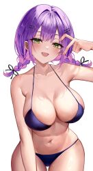 absurdres alternate_breast_size bikini black_bikini braid breasts cleavage collarbone commentary_request cowboy_shot female green_eyes highres holoforce hololive hololive_japan large_breasts leaning_forward long_hair looking_at_viewer navel open_mouth partial_commentary purple_hair simple_background smile solo string_bikini swimsuit thigh_gap thighs tokoyami_towa twin_braids virtual_youtuber wide_hips ya_ta