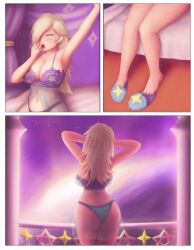 1girls bed bedroom breasts casual_clothes eyes female female_only flip_flops hair_over_one_eye hand_on_mouth huge_ass human large_breasts light_blue_panties lingerie mario_(series) navel nintendo page_2 pale-skinned_female pale_skin platinum_blonde_hair portrait princess princess_rosalina purple_lingerie purple_sky raised_arm rear_view saf-404 saf404 saf_404 safartwoks safartworks sandals slippers solo super_mario_galaxy video_game_character wake wake_up