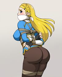 1girls ass big_ass blonde_hair blue_hair blush bondage breath_of_the_wild clothed female gag gagged jam-orbital looking_at_viewer looking_back nintendo over_the_mouth_gag princess_zelda rope rope_bondage rope_harness sideboob the_legend_of_zelda the_legend_of_zelda:_breath_of_the_wild zelda_(breath_of_the_wild)