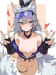 absurdres animal_ears breasts distr double_v fox_ears highres honkai:_star_rail honkai_(series) jacket kemonomimi_mode medium_breasts nipples pussy shaved_pussy silver_wolf_(honkai:_star_rail) two-sided_fabric two-sided_jacket v