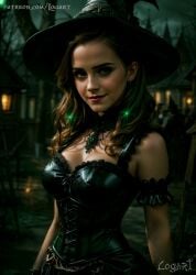 1girls ai_generated big_breasts celebrity cleavage corset detailed emma_watson female female_only halloween halloween_costume harry_potter hermione_granger high_quality hourglass_figure hyperrealistic latex latex_dress leak leaked logart real_person seductive sensitive smile smiling solo spooky stable_diffusion witch witch_costume witch_hat