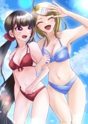 2girls akamatsu_kaede beach bikini black_hair blonde_hair blue_bikini blue_swimsuit breasts closed_eyes clouds danganronpa danganronpa_v3 earrings female_only hair_scrunchie harukawa_maki locked_arms medium_breasts midriff musical_note_hair_ornament navel ocean outside red_bikini red_eyes red_swimsuit satori_(aosky9077) short_hair sky swimsuit twintails water