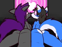 <3_eyes 2023 ambiguous_gender anthro anthro_on_anthro ass big_breasts black_hair black_inner_ear black_nose blue_body blue_fur blush bodily_fluids breasts canid canine canis dipstick_ears director_faustus duo ear_piercing female female/ambiguous fur grey_body grey_fur hair heart hypnosis hypnotic_eyes lying mammal mattswolf mind_control multicolored_ears on_front open_mouth piercing pink_eyes purple_body purple_fur rear_view saliva saliva_string submissive submissive_ambiguous submissive_anthro submissive_female ultilix white_body white_eyes white_fur wolf