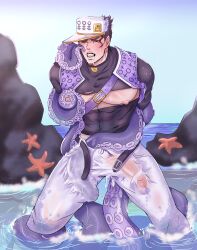 1boy diamond_is_unbreakable dilf jojo's_bizarre_adventure jotaro_kujo male male_nipples male_only penis penis_visible_through_pants solo tentacle tentacle_on_male vintaro zoophilia