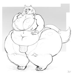 anthro anuv ass balls_outline belly big_belly big_breasts big_butt bikini breasts bulge canid canine clothed clothing deep_navel detailed_bulge fox futa_only futanari genital_outline hi_res huge_breasts huge_butt intersex lips mammal monochrome morbidly_obese morbidly_obese_anthro morbidly_obese_intersex navel nipples package penis_outline solo swimwear thick_lips vorry