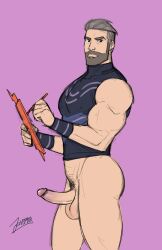 1boy ass balls bara beard bottomless gay jonsfw male male_focus male_only penis pokemon pokemon_sv professor_turo solo