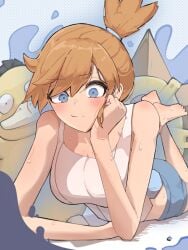 1girls azz0422 blush feet female human kasumi_(pokemon) large_breasts pokemon pokemon_(species) psyduck red_hair staryu